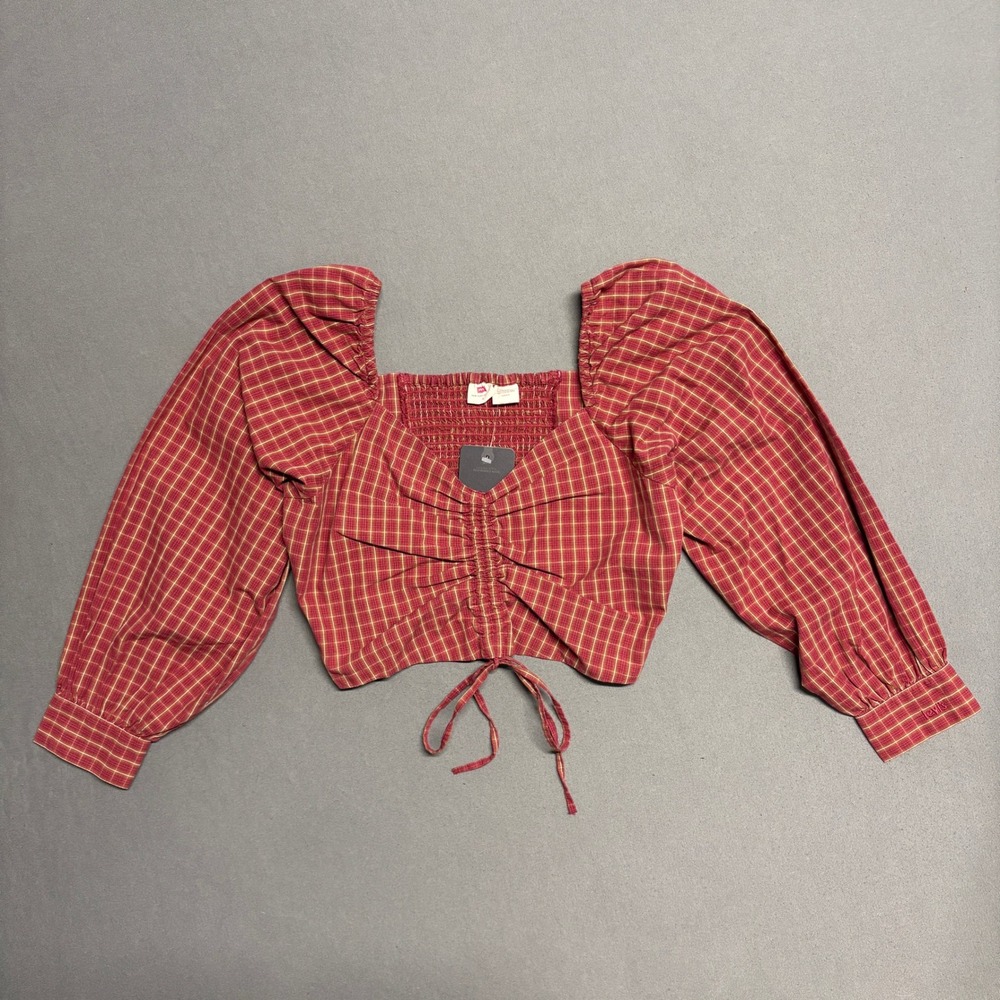 Levi's‎ Red Plaid Long Sleeve Ruched Blouse Size S Women's Statement Top